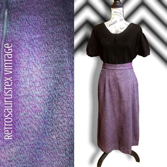 VINTAGE 1930’s Twee Pinup Purple & Blue Tweed Wool High Waist Midi Skirt, Small - Picture 1 of 5